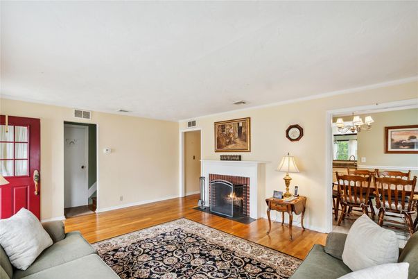 Chandelier, Dining room, Fireplace, Interior, Living room, Wood Texture Flooring