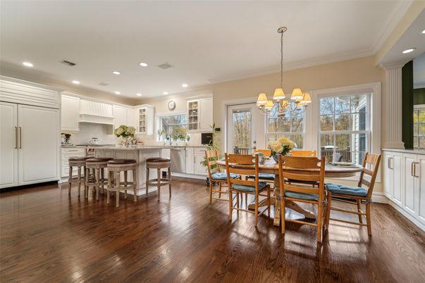 Chandelier, Dining room, Interior, Kitchen, Recessed Lighting, Wood Texture Flooring