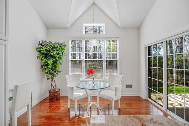 Dining room, Interior, Pendant Lights, Wood Texture Flooring