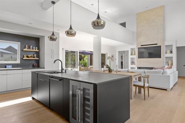 Fireplace, Interior, Kitchen, Living room, Pendant Lights, Recessed Lighting, Wood Texture Flooring
