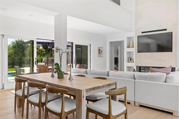 Dining room, Fireplace, Interior, Living room, Wood Texture Flooring