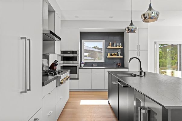 Interior, Kitchen, Pendant Lights, Stainless Steel Appliances, Wood Texture Flooring