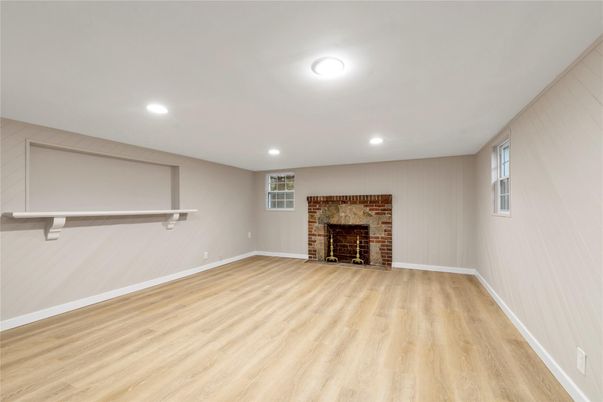 Empty room, Fireplace, Interior, Recessed Lighting, Wood Texture Flooring