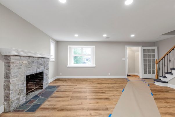 Empty room, Fireplace, Interior, Recessed Lighting, Wood Texture Flooring