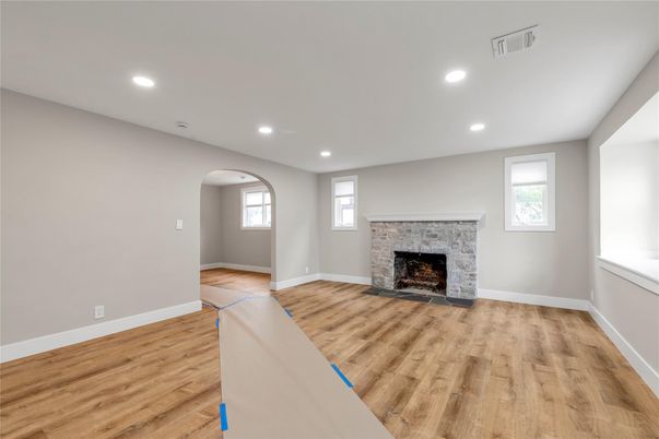 Empty room, Fireplace, Interior, Recessed Lighting, Wood Texture Flooring