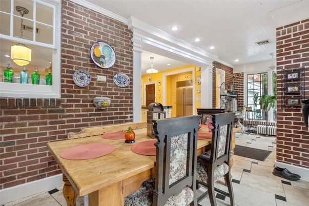 Dining room, Interior, Pendant Lights, Recessed Lighting, Stone Walls