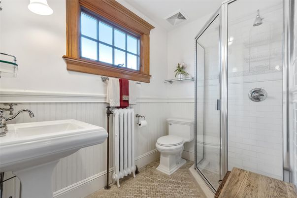 Bathroom, Glass Shower, Interior, Wood Texture Flooring