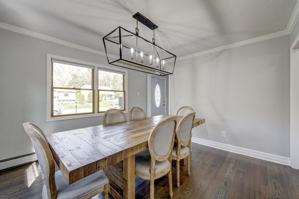 Dining room, Interior, Pendant Lights, Wood Texture Flooring