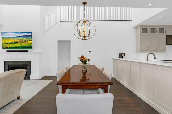 Dining room, Fireplace, Interior, Pendant Lights, Recessed Lighting, Wood Texture Flooring