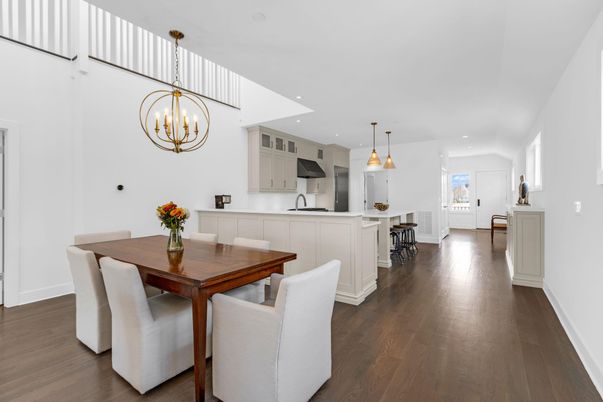Dining room, Interior, Kitchen, Pendant Lights, Recessed Lighting, Wood Texture Flooring