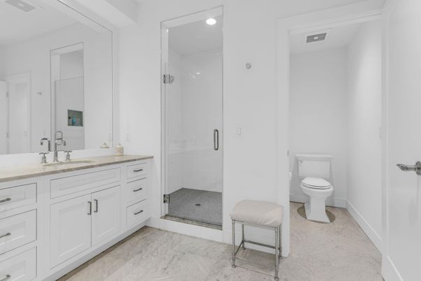 Bathroom, Glass Shower, Interior, Marble, Recessed Lighting
