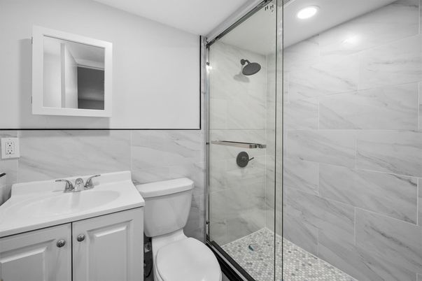 Bathroom, Glass Shower, Interior, Marble Walls, Recessed Lighting