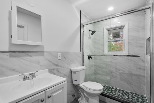Bathroom, Glass Shower, Interior, Marble Walls, Recessed Lighting