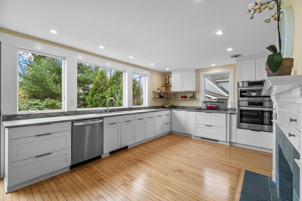 Interior, Kitchen, Recessed Lighting, Stainless Steel Appliances, Wood Texture Flooring