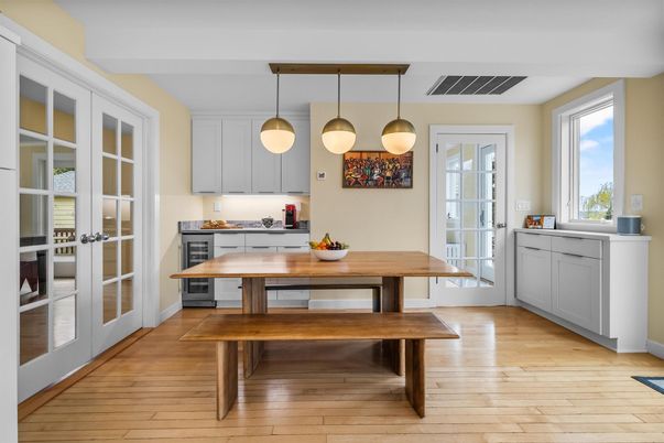 Dining room, Interior, Kitchen, Pendant Lights, Wood Texture Flooring