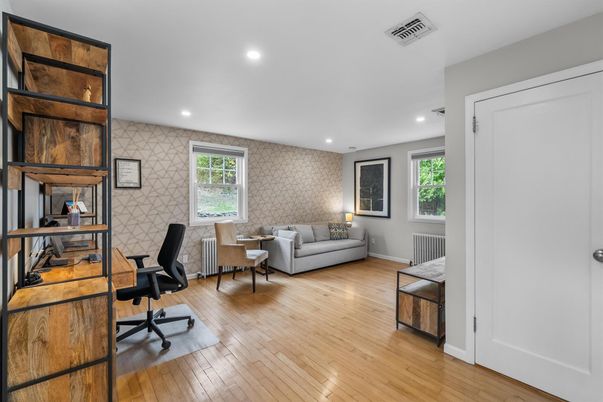 Home Office, Interior, Recessed Lighting, Stone Walls, Wood Texture Flooring