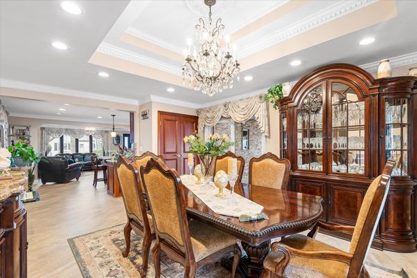 Chandelier, Dining room, Interior, Living room, Pendant Lights, Recessed Lighting, Wood Texture Flooring