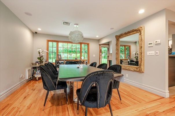 Dining room, Interior, Recessed Lighting, Wood Texture Flooring