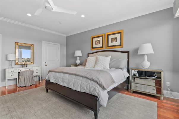 Bedroom, Interior, Recessed Lighting, Wood Texture Flooring