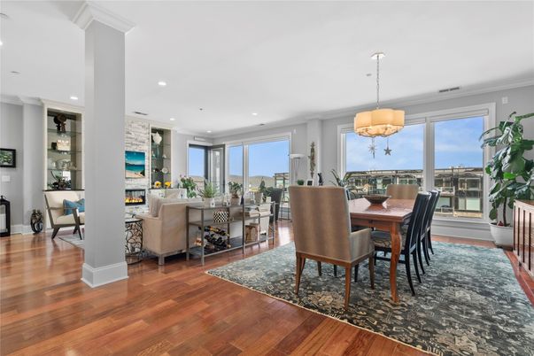 Dining room, Fireplace, Interior, Living room, Pendant Lights, Recessed Lighting, Wood Texture Flooring