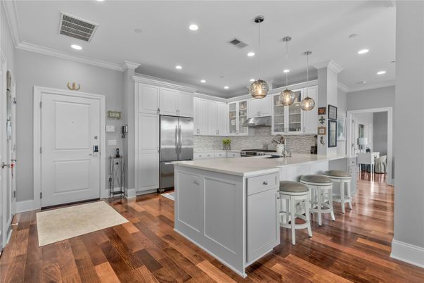 Interior, Kitchen, Pendant Lights, Recessed Lighting, Stainless Steel Appliances, Wood Texture Flooring