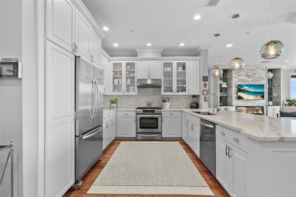 Interior, Kitchen, Pendant Lights, Recessed Lighting, Stainless Steel Appliances, Wood Texture Flooring