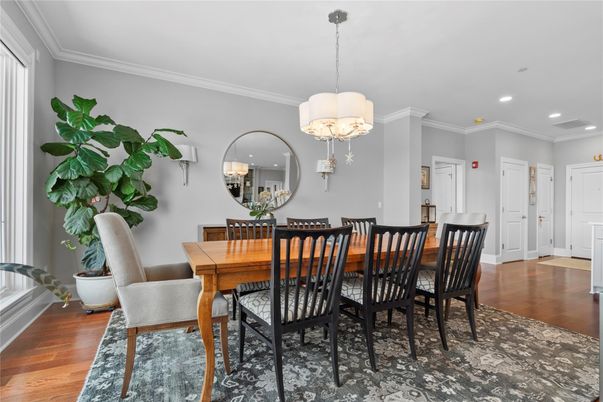Chandelier, Dining room, Interior, Pendant Lights, Recessed Lighting, Wood Texture Flooring