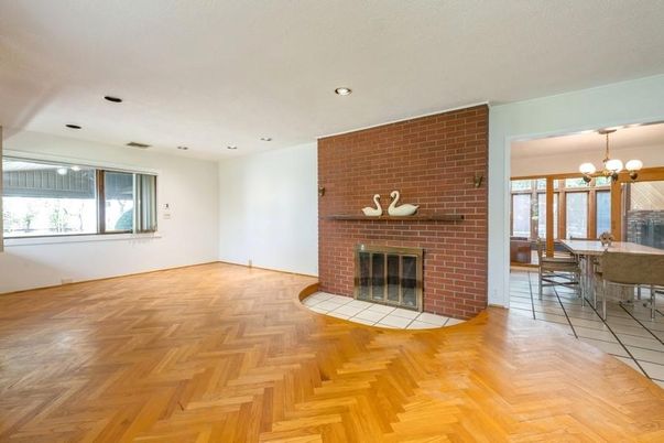 Dining room, Fireplace, Interior, Pendant Lights, Recessed Lighting, Stone Walls, Wood Texture Flooring