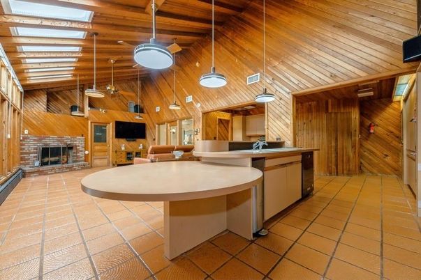 Fireplace, Interior, Kitchen, Pendant Lights, Wooden Ceilings, Wooden Walls