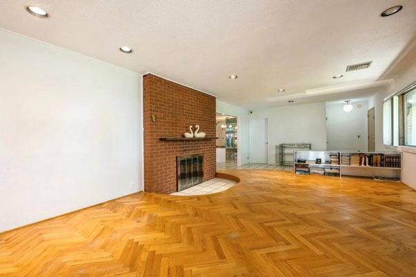 Empty room, Fireplace, Interior, Recessed Lighting, Stone Walls, Wood Texture Flooring