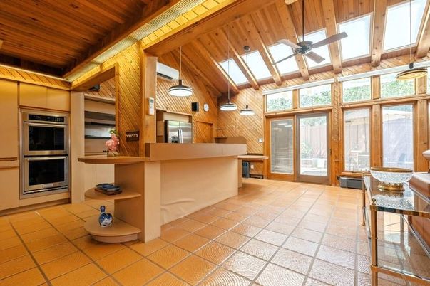 Interior, Kitchen, Pendant Lights, Stainless Steel Appliances, Wooden Beams, Wooden Ceilings, Wooden Walls