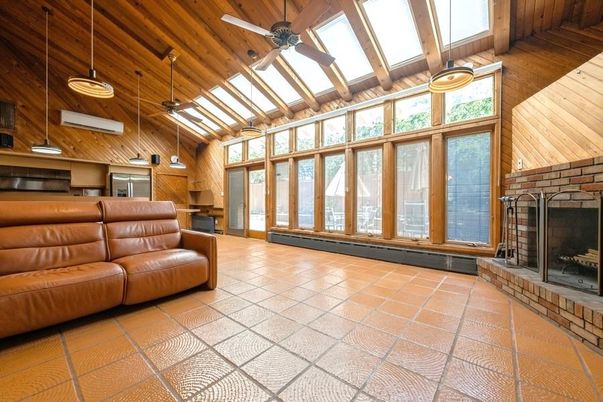 Fireplace, Interior, Living room, Pendant Lights, Wooden Ceilings, Wooden Walls