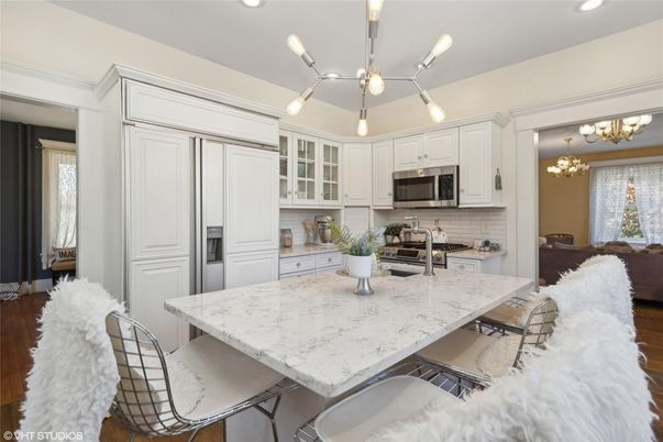 Chandelier, Interior, Kitchen, Pendant Lights, Recessed Lighting, Stainless Steel Appliances, Wood Texture Flooring
