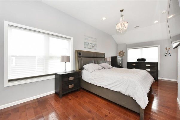 Bedroom, Chandelier, Interior, Recessed Lighting, Wood Texture Flooring