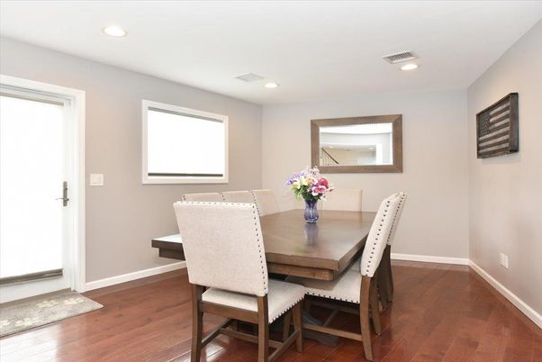 Dining room, Interior, Recessed Lighting, Wood Texture Flooring