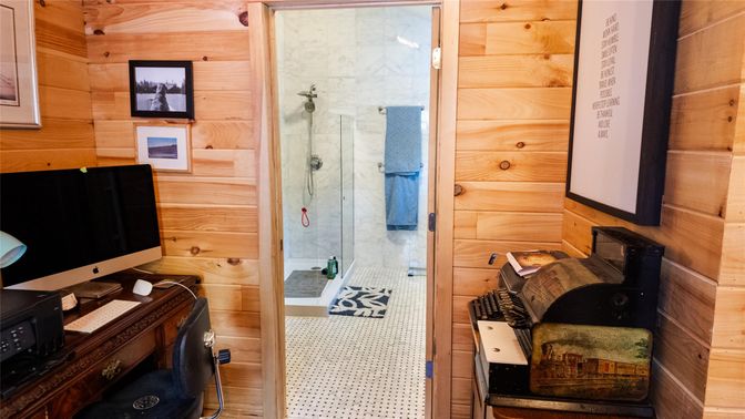 Bathroom, Glass Shower, Interior, Wooden Walls