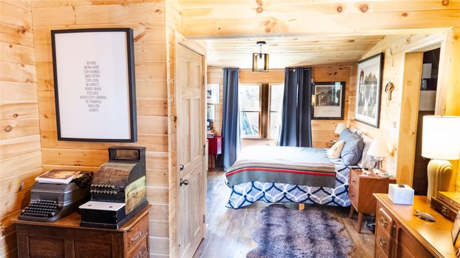 Bedroom, Interior, Pendant Lights, Wood Texture Flooring, Wooden Walls