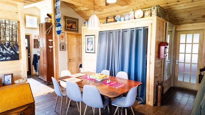Dining room, Interior, Pendant Lights, Wooden Ceilings, Wood Texture Flooring, Wooden Walls