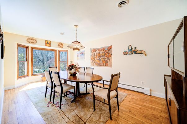 Dining room, Interior, Pendant Lights, Wood Texture Flooring