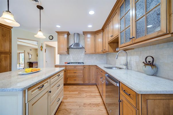 Interior, Kitchen, Pendant Lights, Recessed Lighting, Stainless Steel Appliances, Wood Texture Flooring