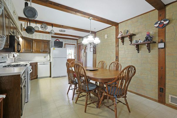 Dining room, Interior, Kitchen, Pendant Lights, Stone Walls, Wooden Beams