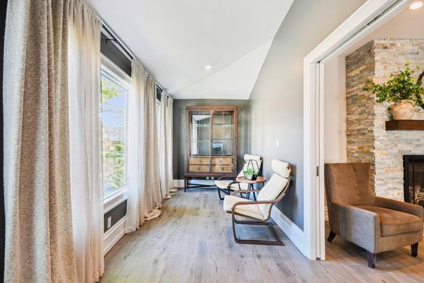 Fireplace, Interior, Recessed Lighting, Stone Walls, Wood Texture Flooring