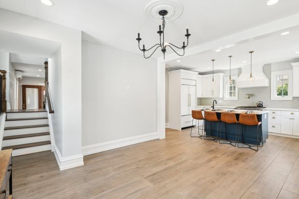 Chandelier, Interior, Kitchen, Pendant Lights, Recessed Lighting, Wood Texture Flooring