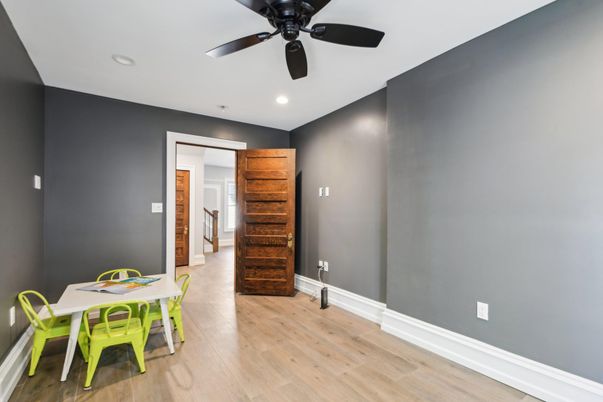 Dining room, Interior, Recessed Lighting, Wood Texture Flooring
