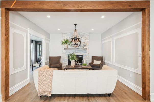 Fireplace, Interior, Living room, Recessed Lighting, Stone Walls, Wooden Beams, Wood Texture Flooring