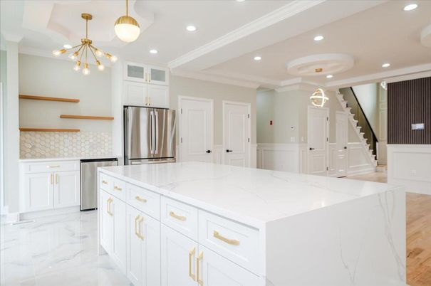 Interior, Kitchen, Marble, Pendant Lights, Recessed Lighting, Stainless Steel Appliances