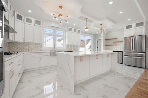 Interior, Kitchen, Marble, Pendant Lights, Recessed Lighting, Stainless Steel Appliances