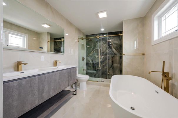 Bathroom, Dual Sink Vanities, Free Standing Baths, Glass Shower, Interior, Marble, Recessed Lighting