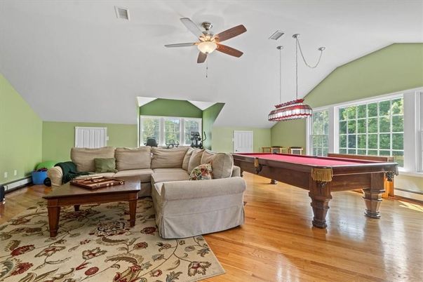 Billiard Table, Game Room, Interior, Living room, Pendant Lights, Wood Texture Flooring