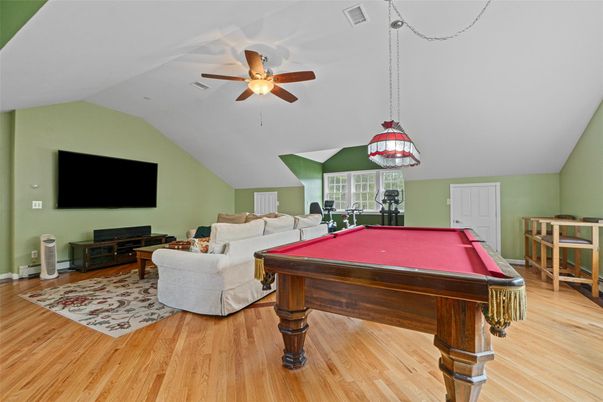 Billiard Table, Game Room, Interior, Pendant Lights, Wood Texture Flooring